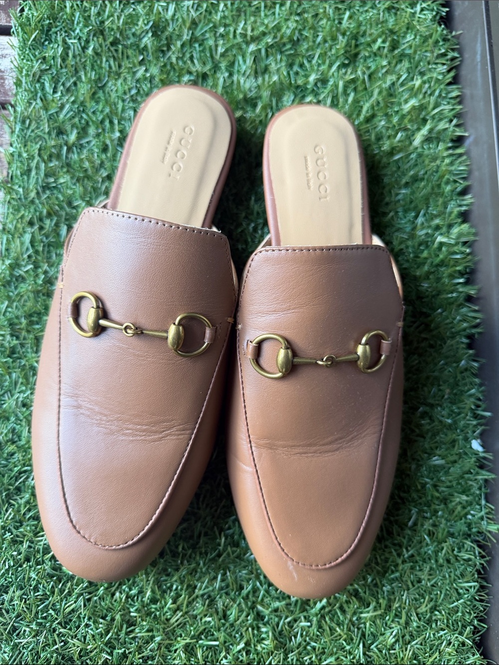 Gucci Tan Leather Horsebit Mule with Gold Hardware